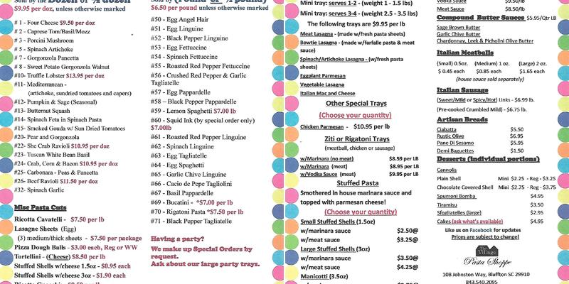 The Village Pasta Shoppe Menu