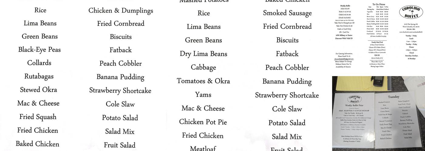 Carolina Buffet Menu