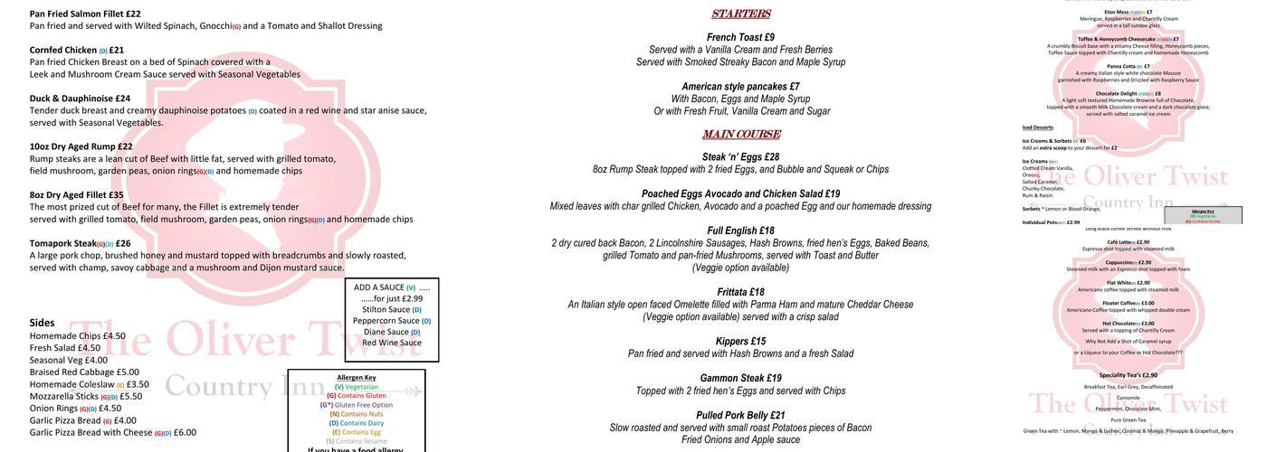The Oliver Twist Country Inn and Restaurant Menu