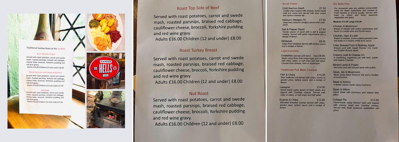 Six Bells Menu