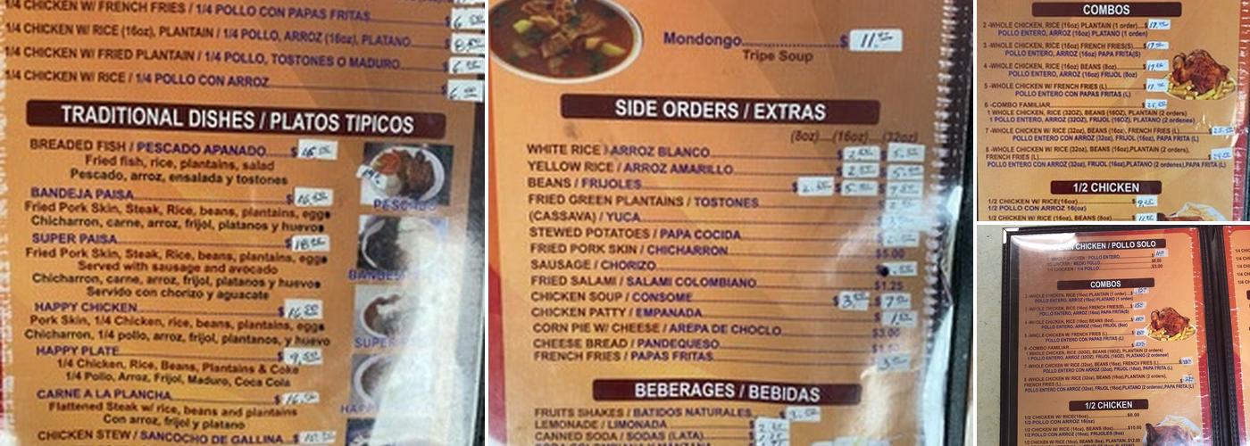El Paisa Happy Chicken Menu
