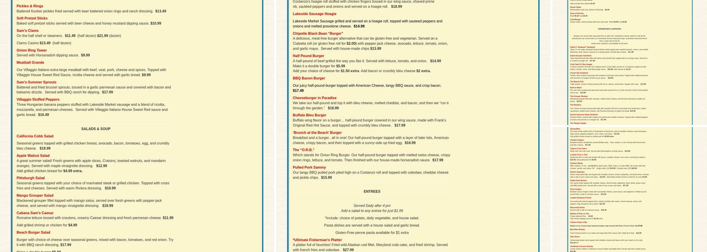 Cabana Sam's Sunset Bay Grill Menu