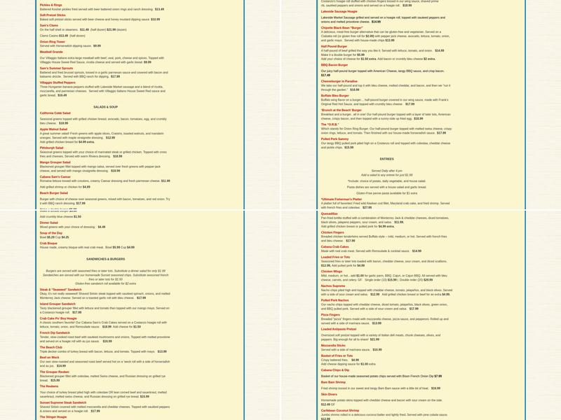 Cabana Sam's Sunset Bay Grill Menu