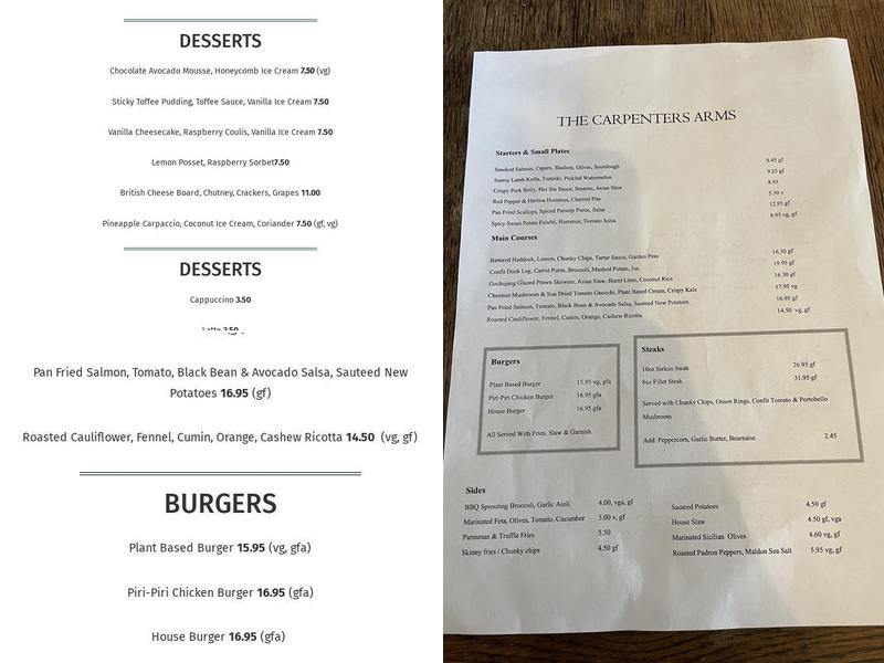 The Carpenters Arms Menu
