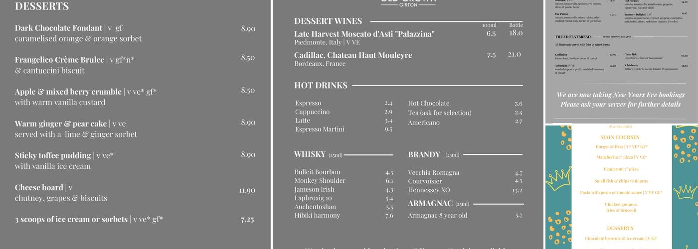 Old Crown Girton Menu