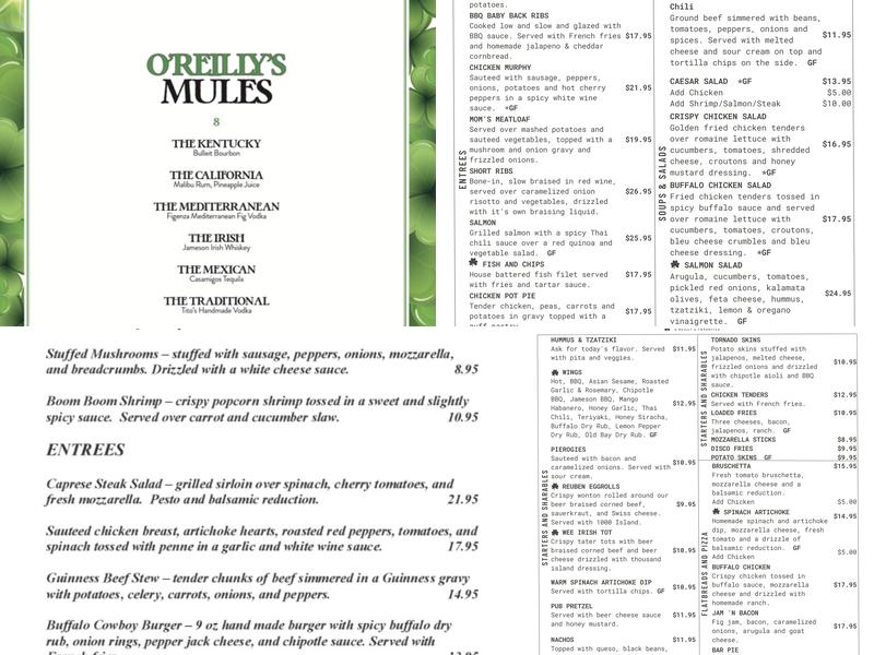 O'Reilly's Pub and Grill Menu