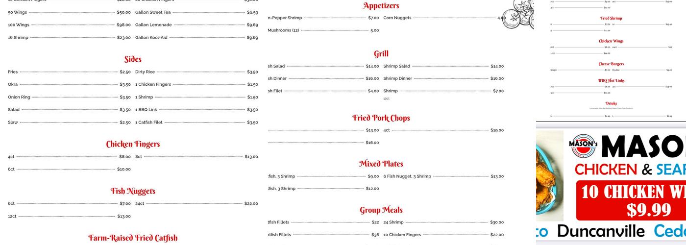 Masons Chicken & Seafood Menu