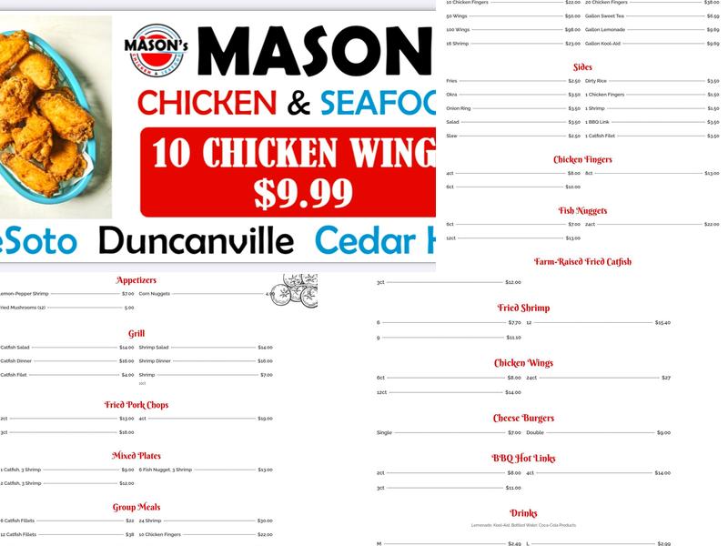 Masons Chicken & Seafood Menu