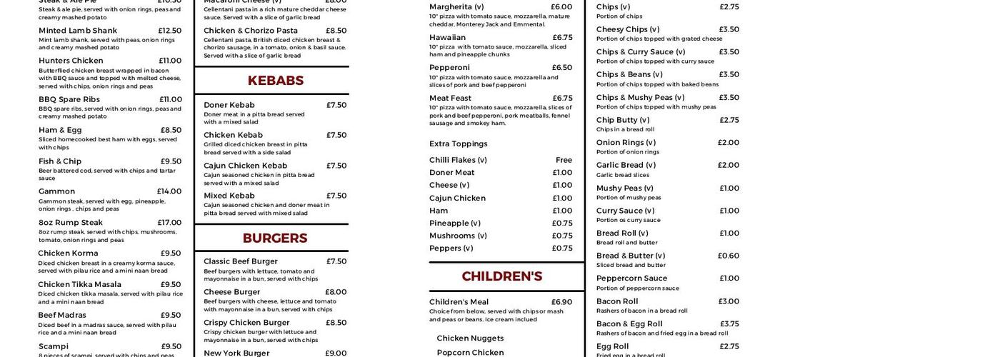 Rose & Crown Menu