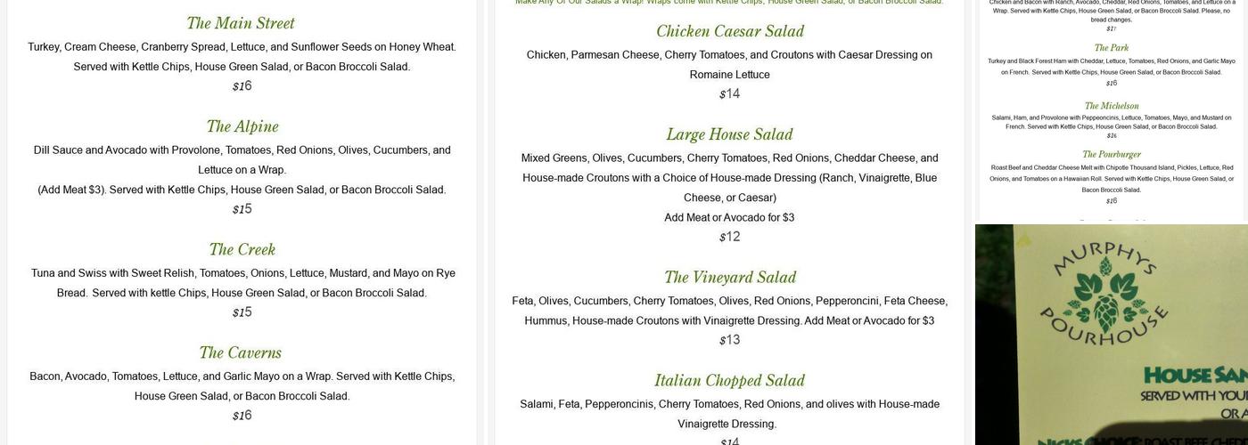 Murphys Pourhouse Menu
