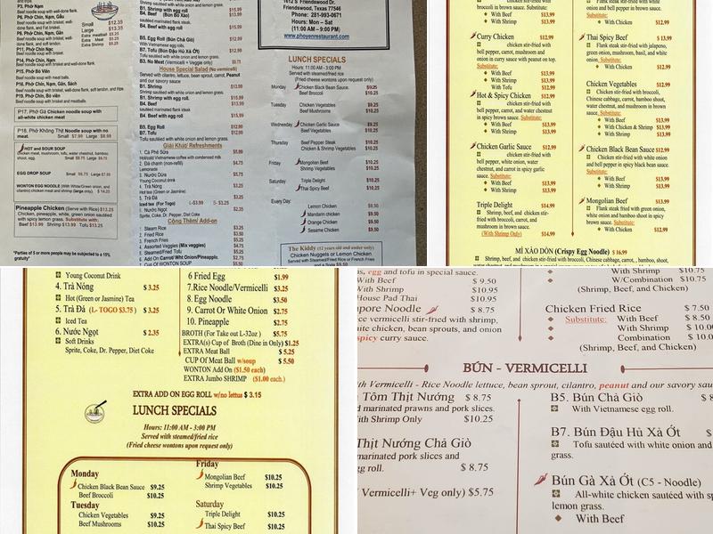 Phở Yến Menu