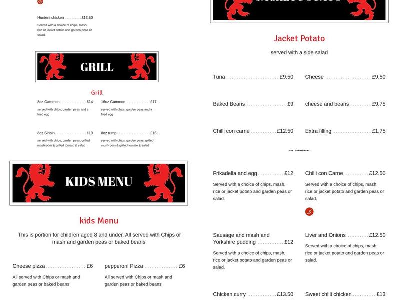 The Red Lion Menu