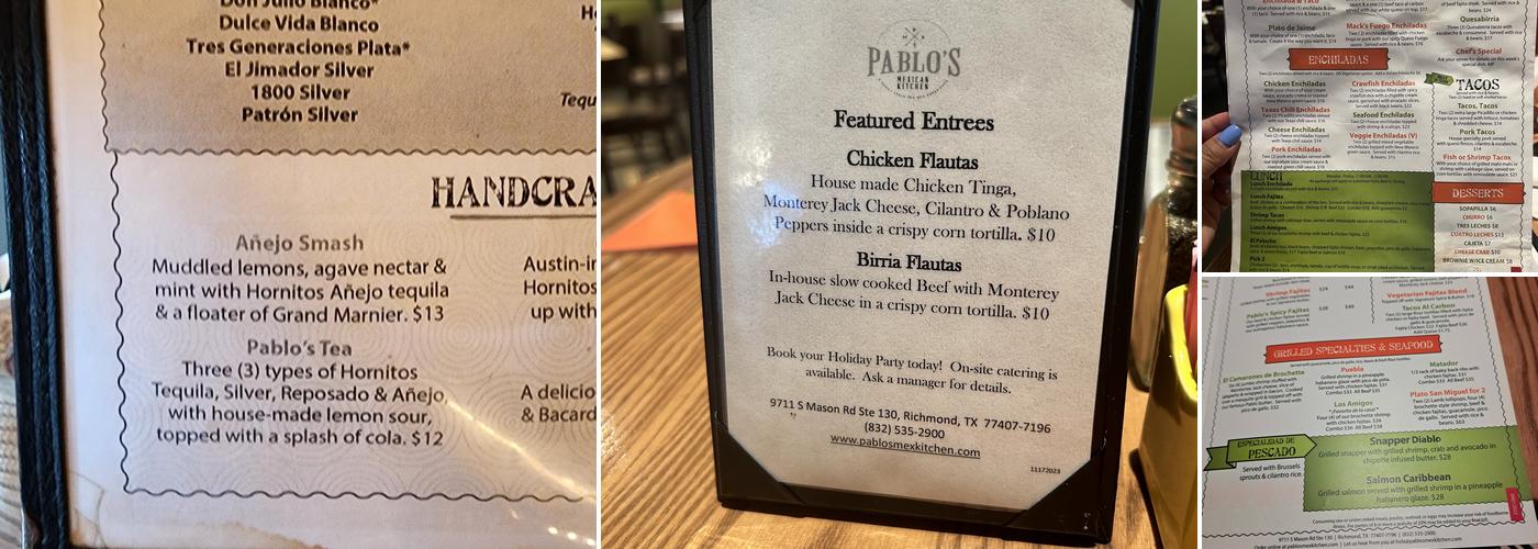 Pablo's Mexican Kitchen Menu