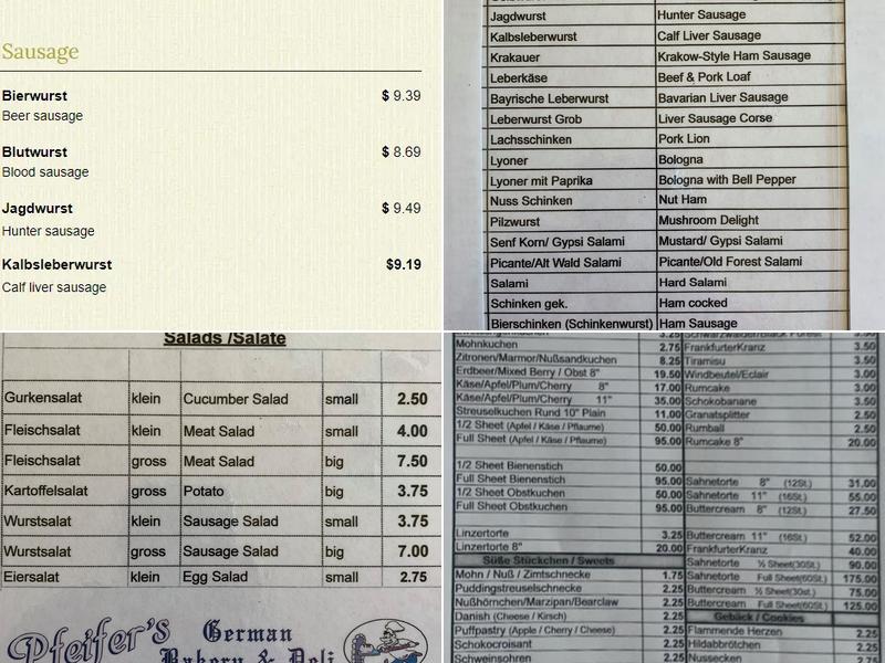 Pfeifer's German Bakery & Deli Menu