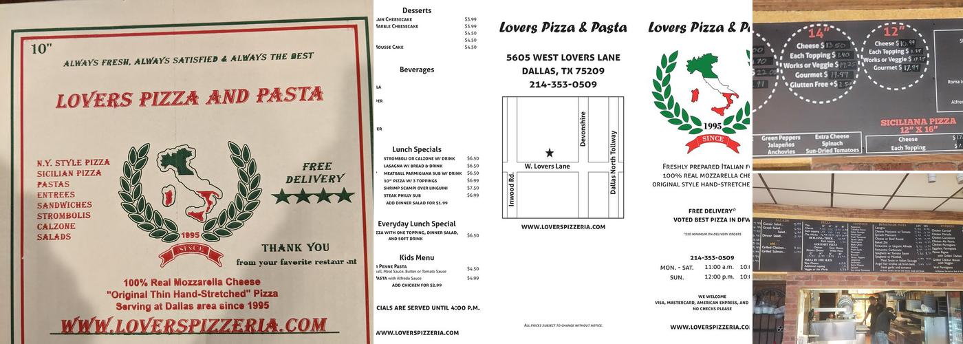 Lover's Pizza & Pasta Menu
