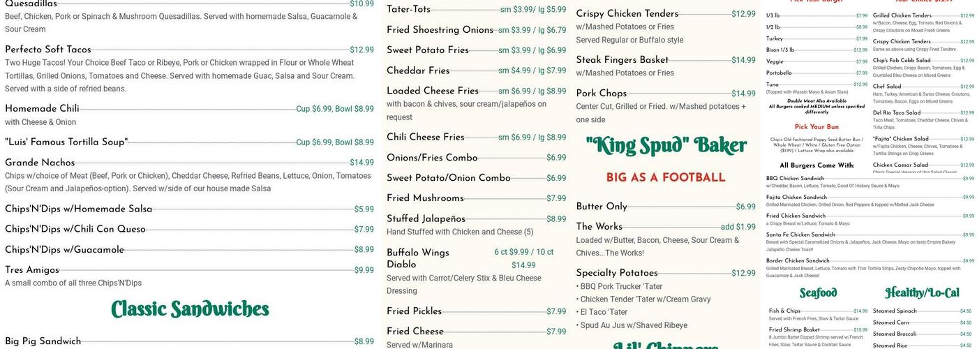 Chip's Old Fashioned Hamburger Menu