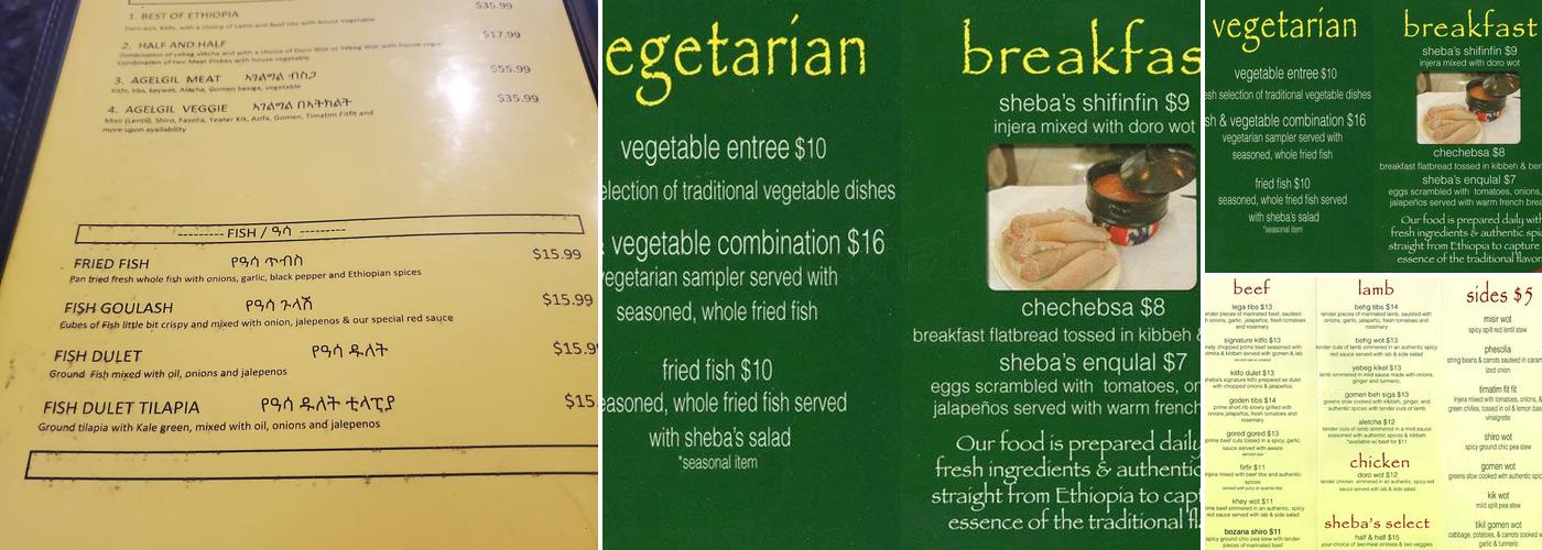 Sheba's Ethiopian Kitchen Menu