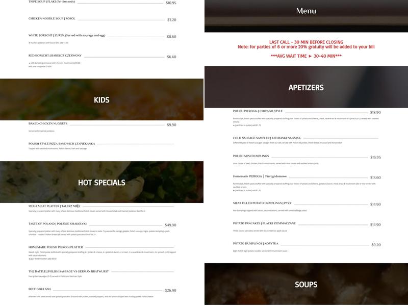 Taste of Poland European Tavern Menu