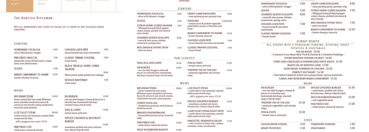 The Kentish Rifleman Menu