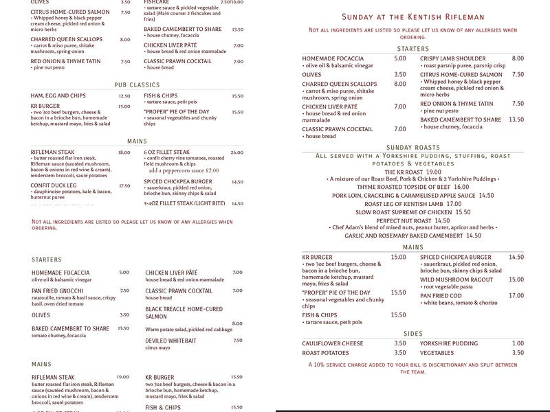The Kentish Rifleman Menu