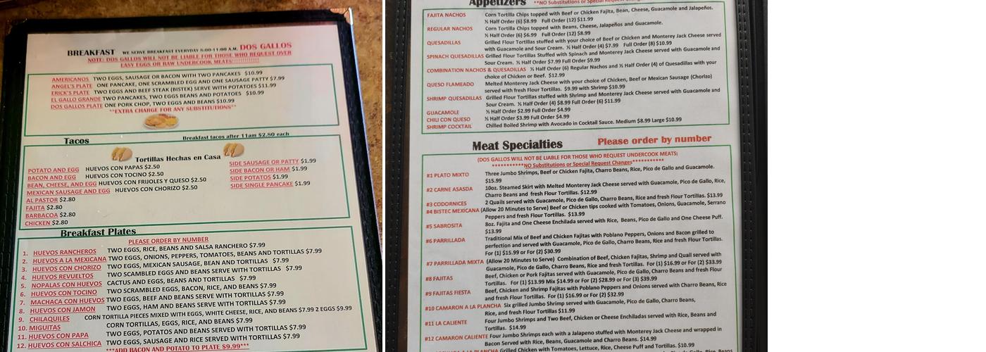 Dos Gallos Menu
