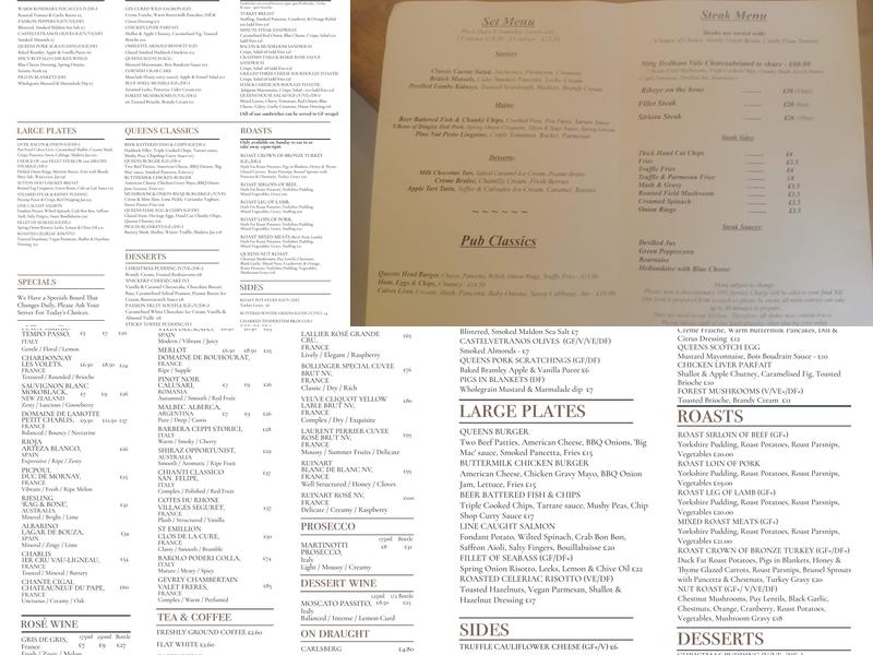 The Queen's Head Menu