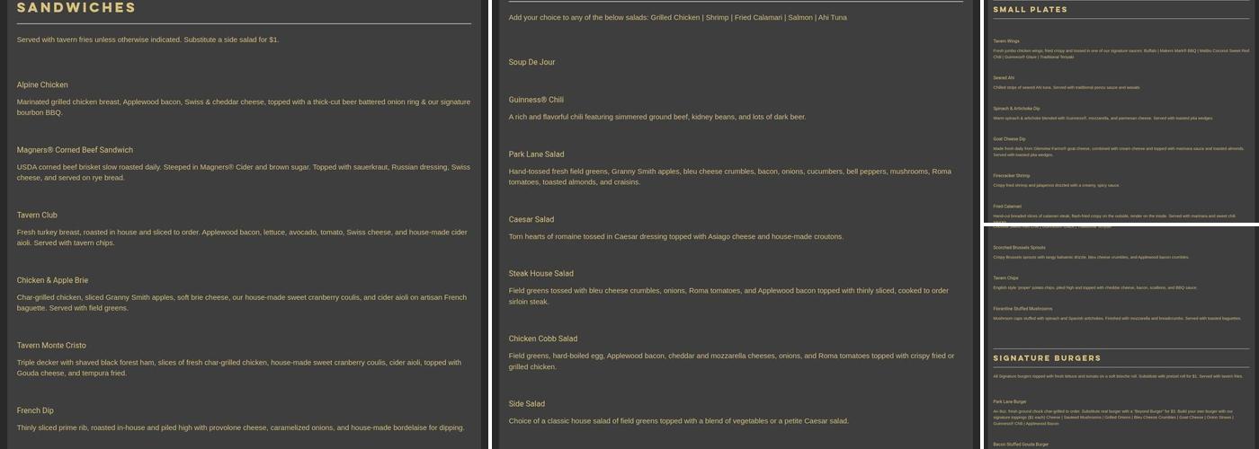 Park Lane Tavern Menu