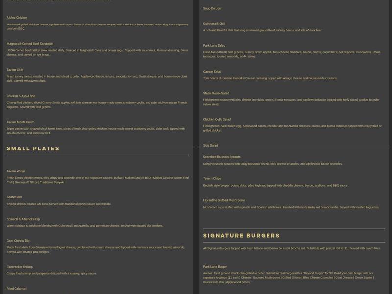 Park Lane Tavern Menu