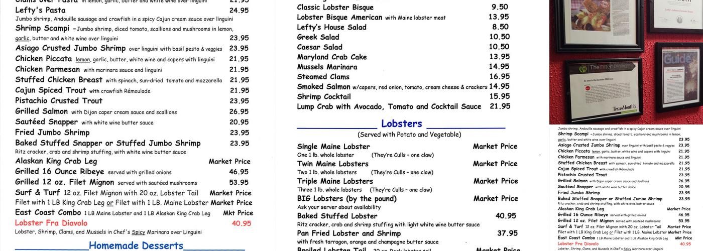 Lefty's Lobster and Chowder House Menu