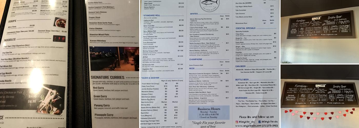 Single Fin Thai-Sushi Restaurant Menu