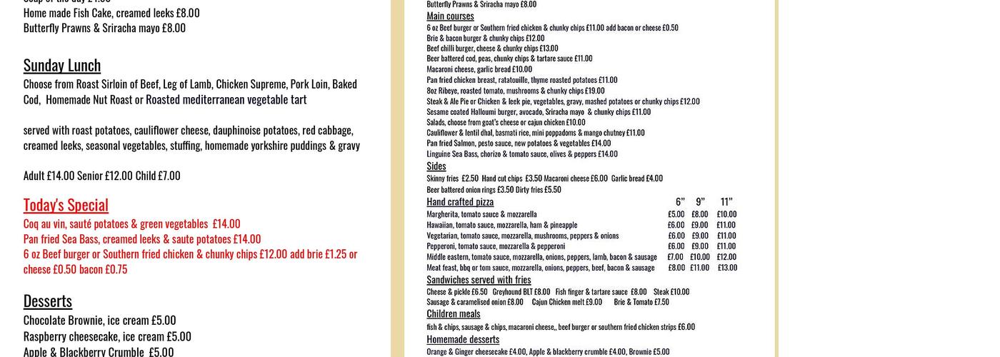 The Greyhound Hotel Menu