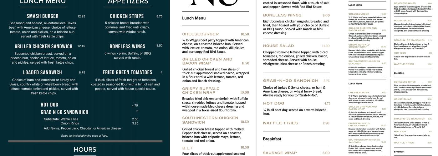 Red Bird Grill Menu