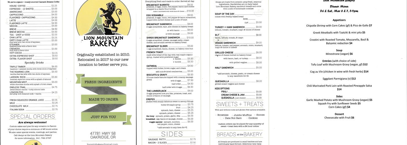 Lion Mountain Bakery Menu