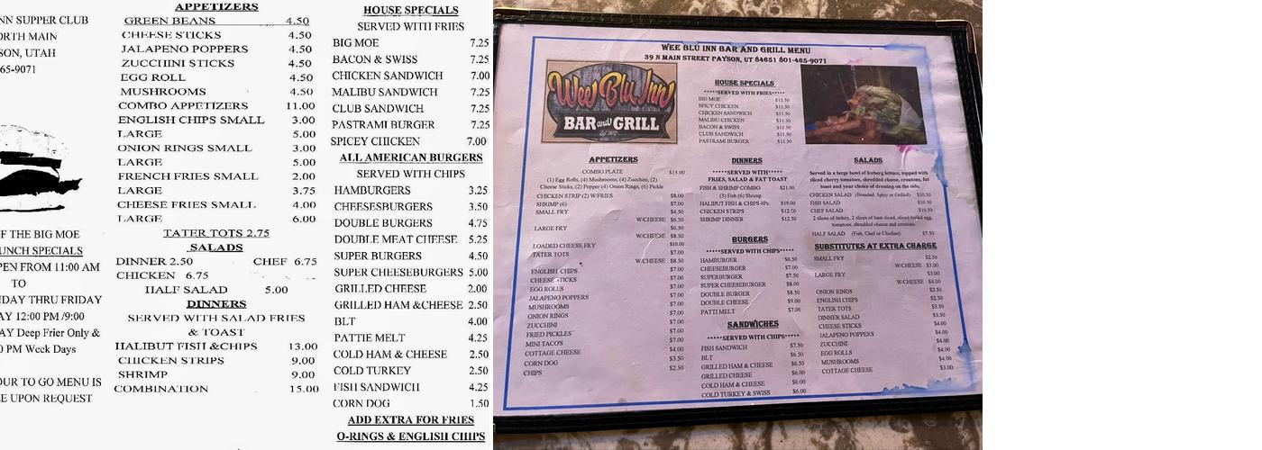 Wee Blu Inn Bar and Grill Menu
