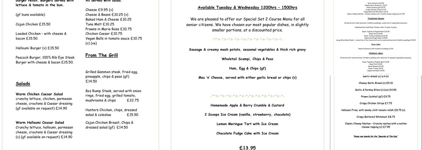 The Peacock Inn Menu