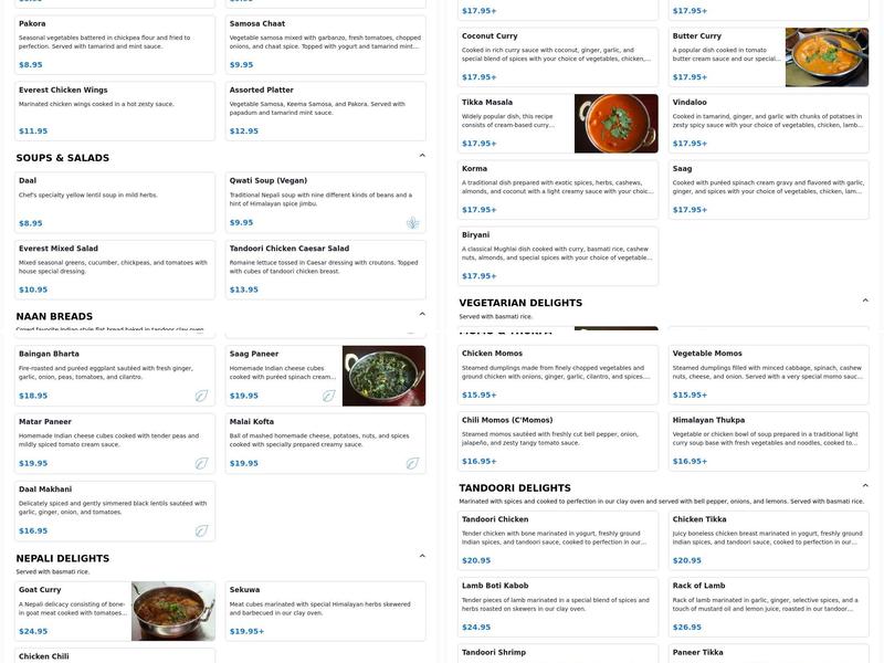 The Everest Kitchen Menu