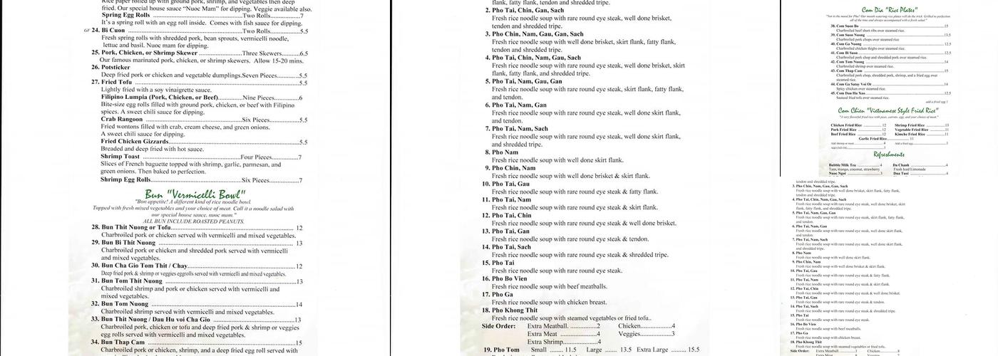 Pho Dinh Restaurant Menu