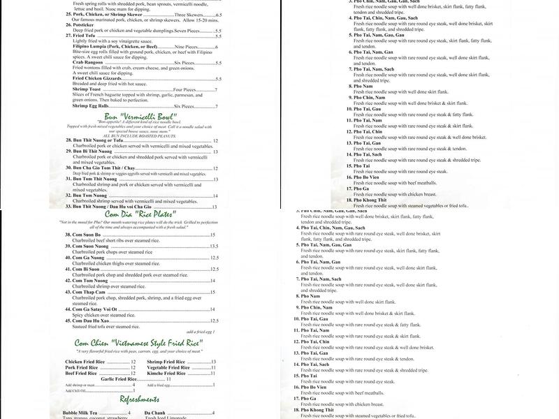 Pho Dinh Restaurant Menu