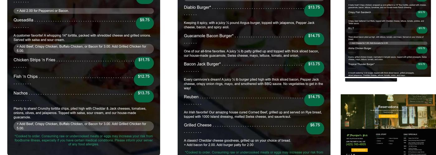 O'Finnigans Pub Menu