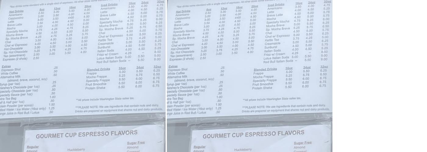 Gourmet Cup Espresso Menu