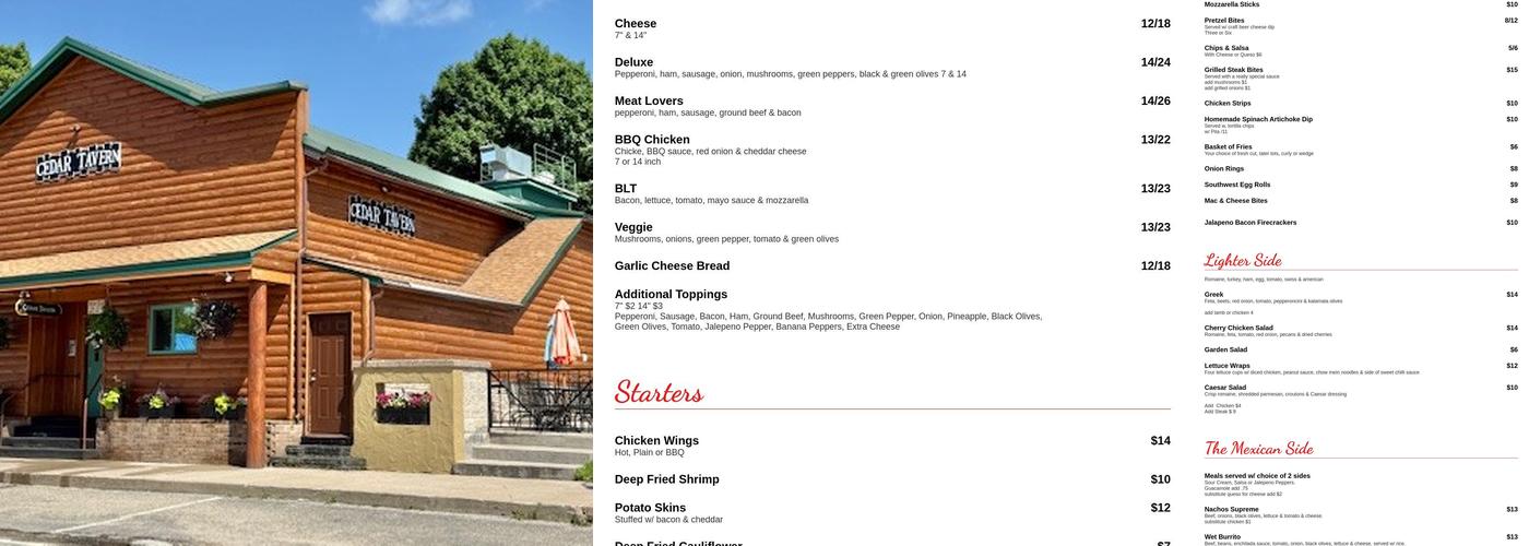 Cedar Tavern Menu