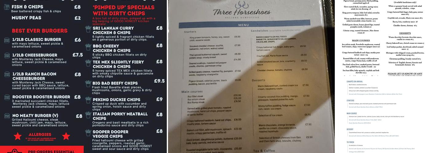 Three Horseshoes Menu