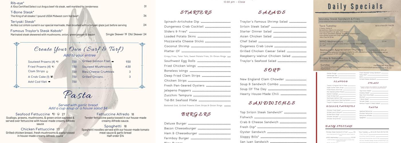 Traylor's Restaurant Menu