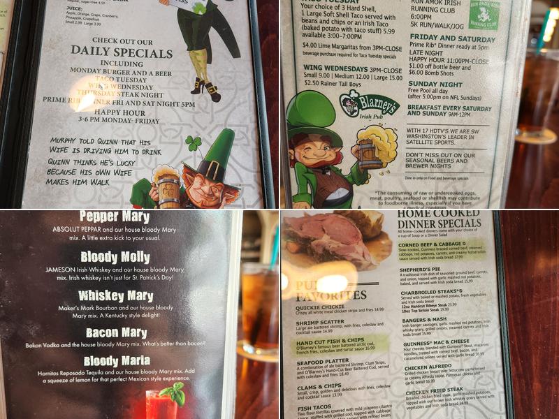 O'Blarney's at the Gibson House Menu