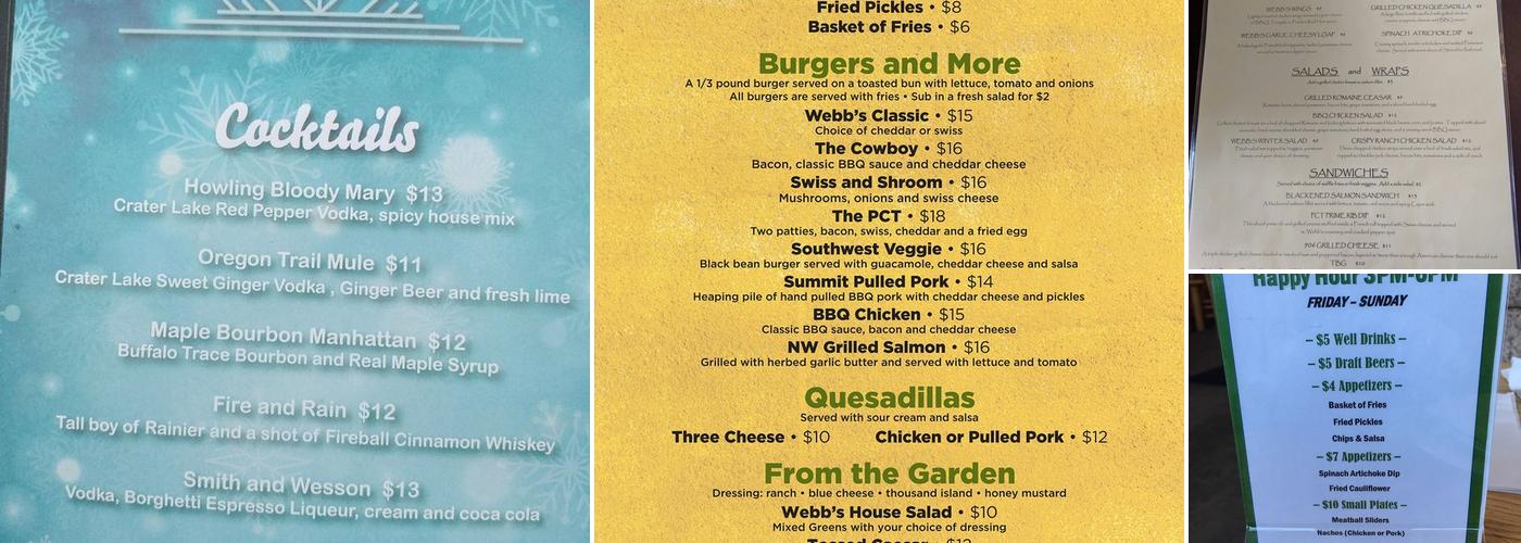 Webb's Restaurant Menu