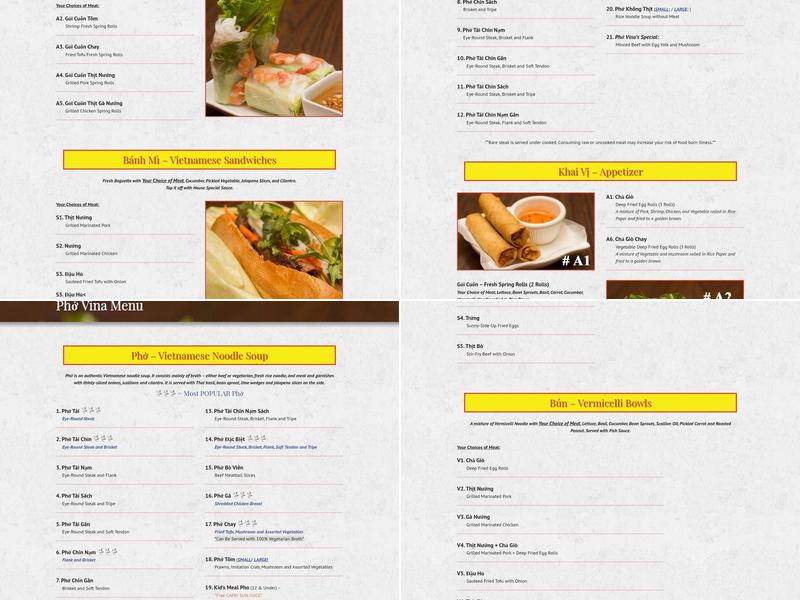 Pho Vina Menu
