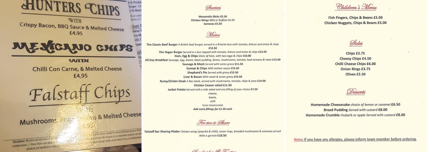 Sir John Falstaff Menu