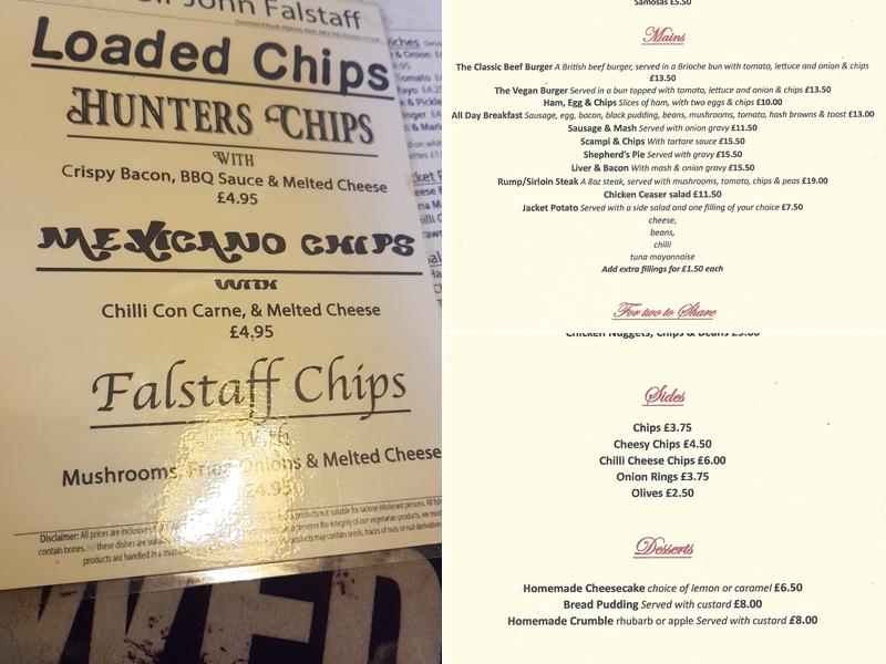 Sir John Falstaff Menu