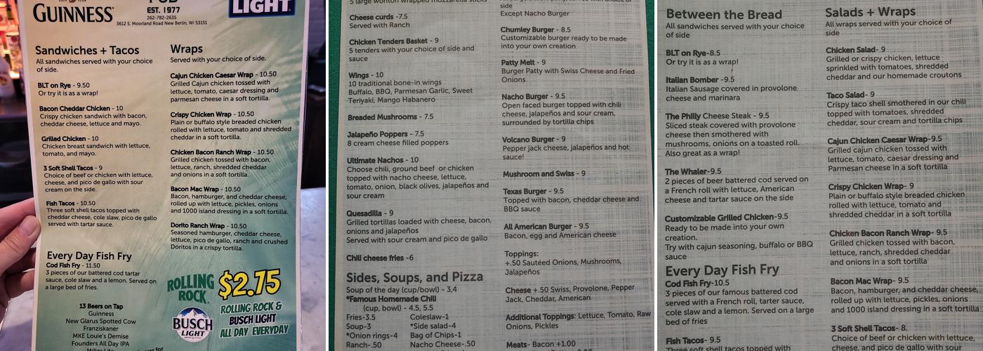Chumley's Pub Menu