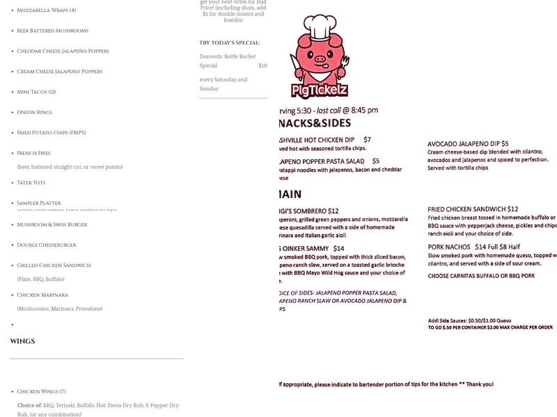 Golden Lion Sports Bar Menu